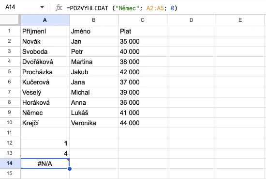 Tabulka v Google Sheets k funkci MATCH. Třetí příklad.