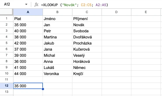 Tabulka v Google Sheets k funkci XLOOKUP. Druhý příklad.