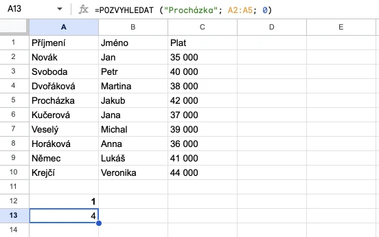 Tabulka v Google Sheets k funkci MATCH. Druhý příklad.