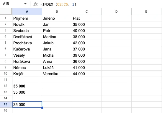 Tabulka v Google Sheets k funkci INDEX.