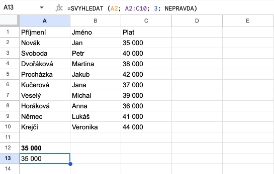 Tabulka v Google Sheets k funkci SVYHLEDAT. Druhý příklad.