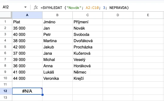 Tabulka v Google Sheets k funkci SVYHLEDAT. Třetí příklad.