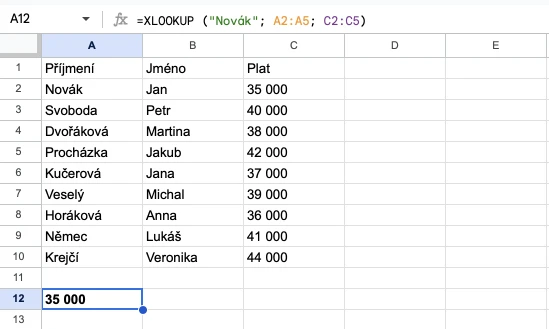 Tabulka v Google Sheets k funkci XLOOKUP. První příklad.